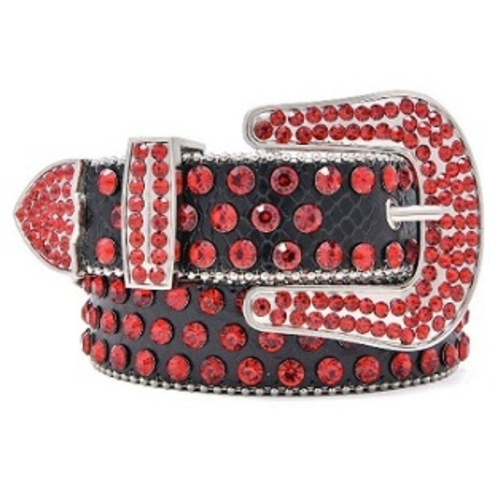 🆕 GENUINE BLACK LEATHER BELT WITH RED STONES